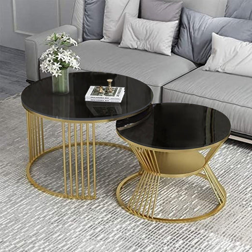 Classic Tethered Marble Finish Wooden Top Black Table Set of 2