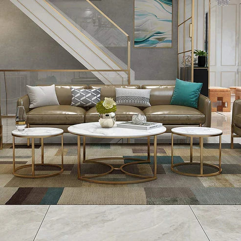 Golden Nesting White Marble Finish Wooden Top Tables Set of 3