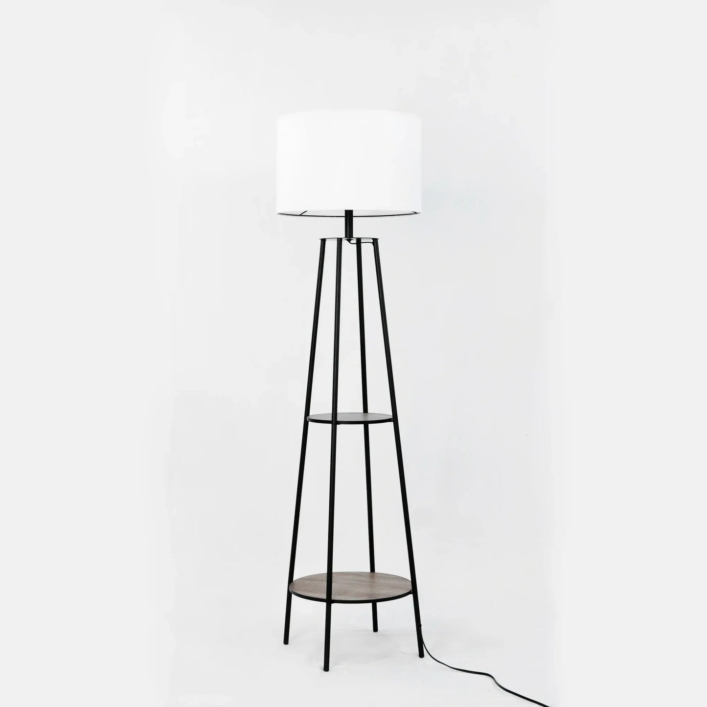 Anasay Mid-Century Matte Black Floor Lamp with Wooden Shelves