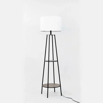 Anasay Mid-Century Matte Black Floor Lamp with Wooden Shelves