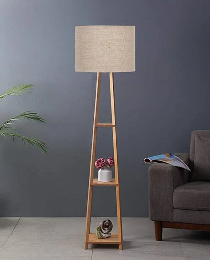 Teak Wood Floor Lamp with Storage Shelf