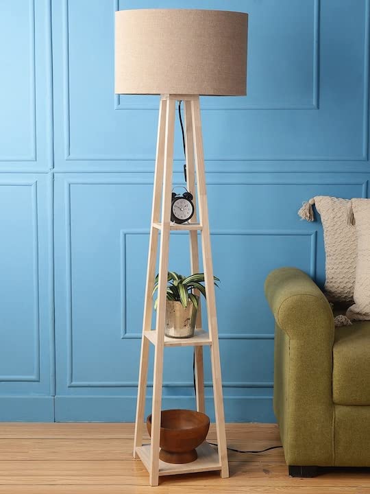 Teak Wood Floor Lamp with Storage Shelf