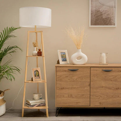 Wooden Floor Lamp with 3 Storage Shelves – Modern Décor