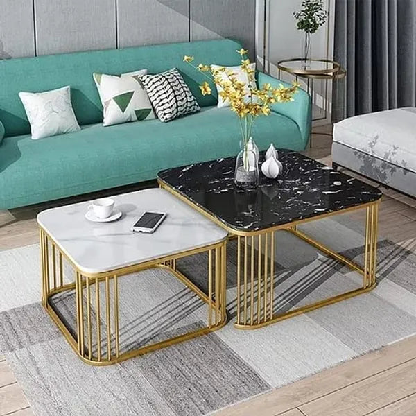 Black & White Marble Finish Wooden Top Coffee Table Set of 2