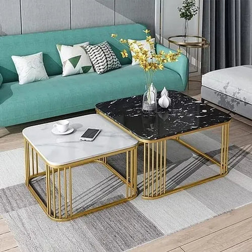 Black & White Marble Finish Wooden Top Coffee Table Set of 2
