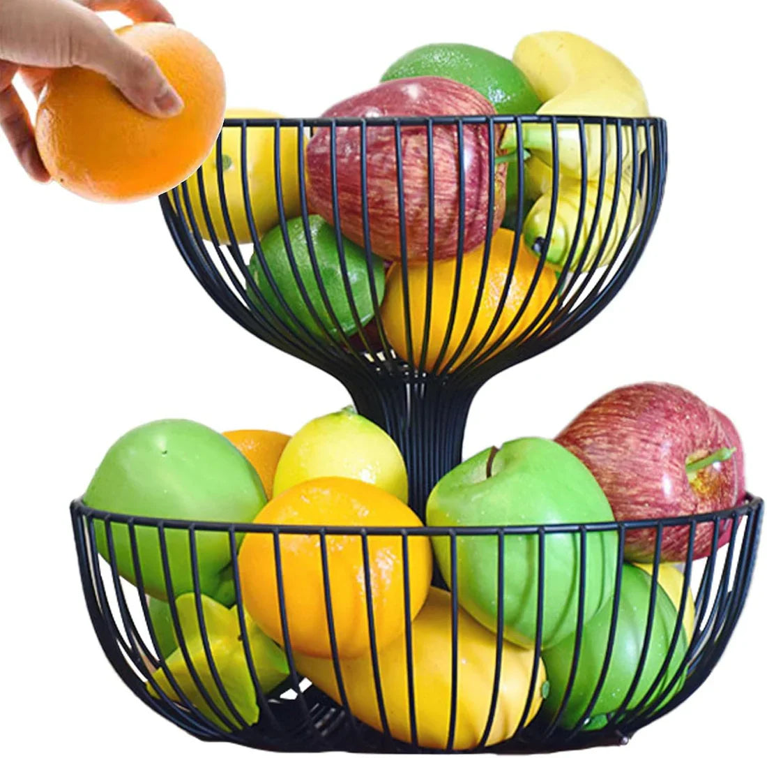 2 Tier Fruit Bowl | Countertop Fruit Storage Baskets - Double Layer Fruit & Vegetables Baskets for Storage