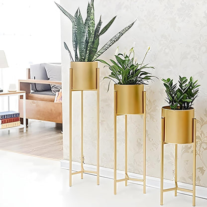 Modern Metal Floor Flower Stands Planter Stand with Planter Pot -Set of 3 Golden)