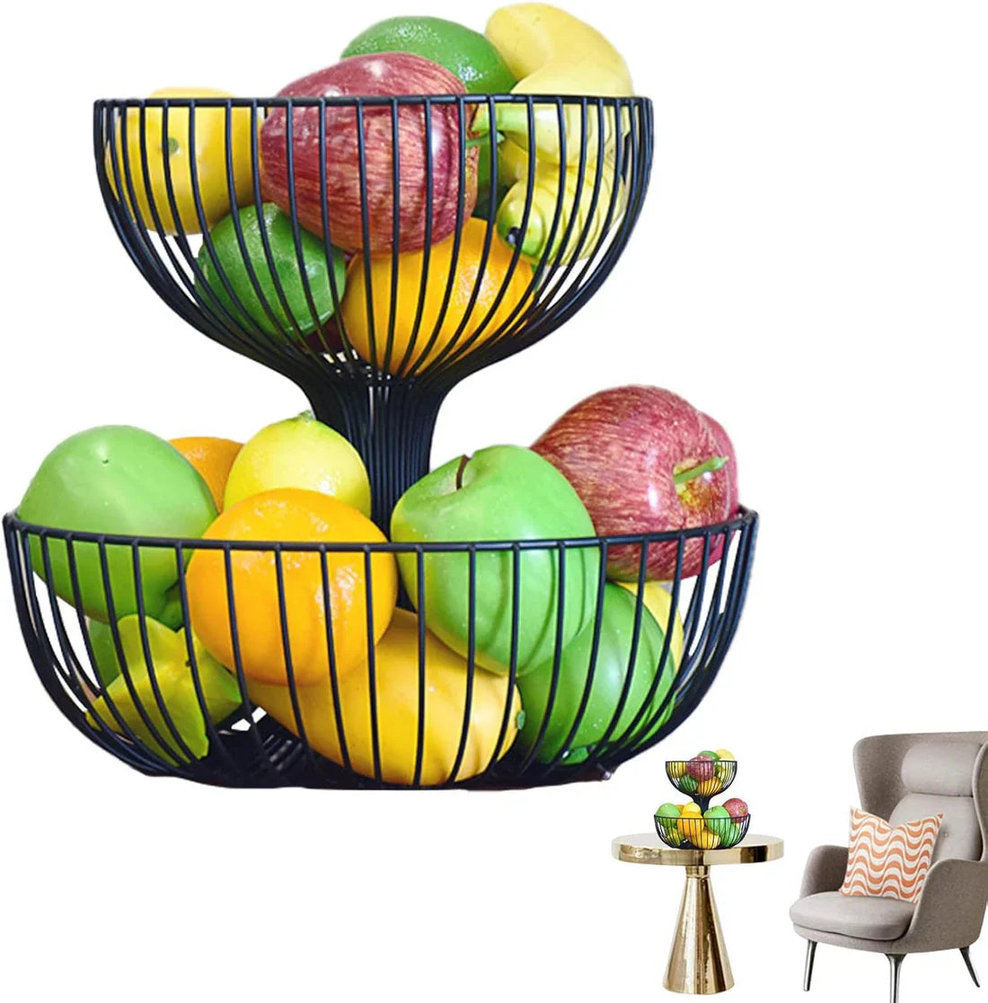 2 Tier Fruit Bowl | Countertop Fruit Storage Baskets - Double Layer Fruit & Vegetables Baskets for Storage