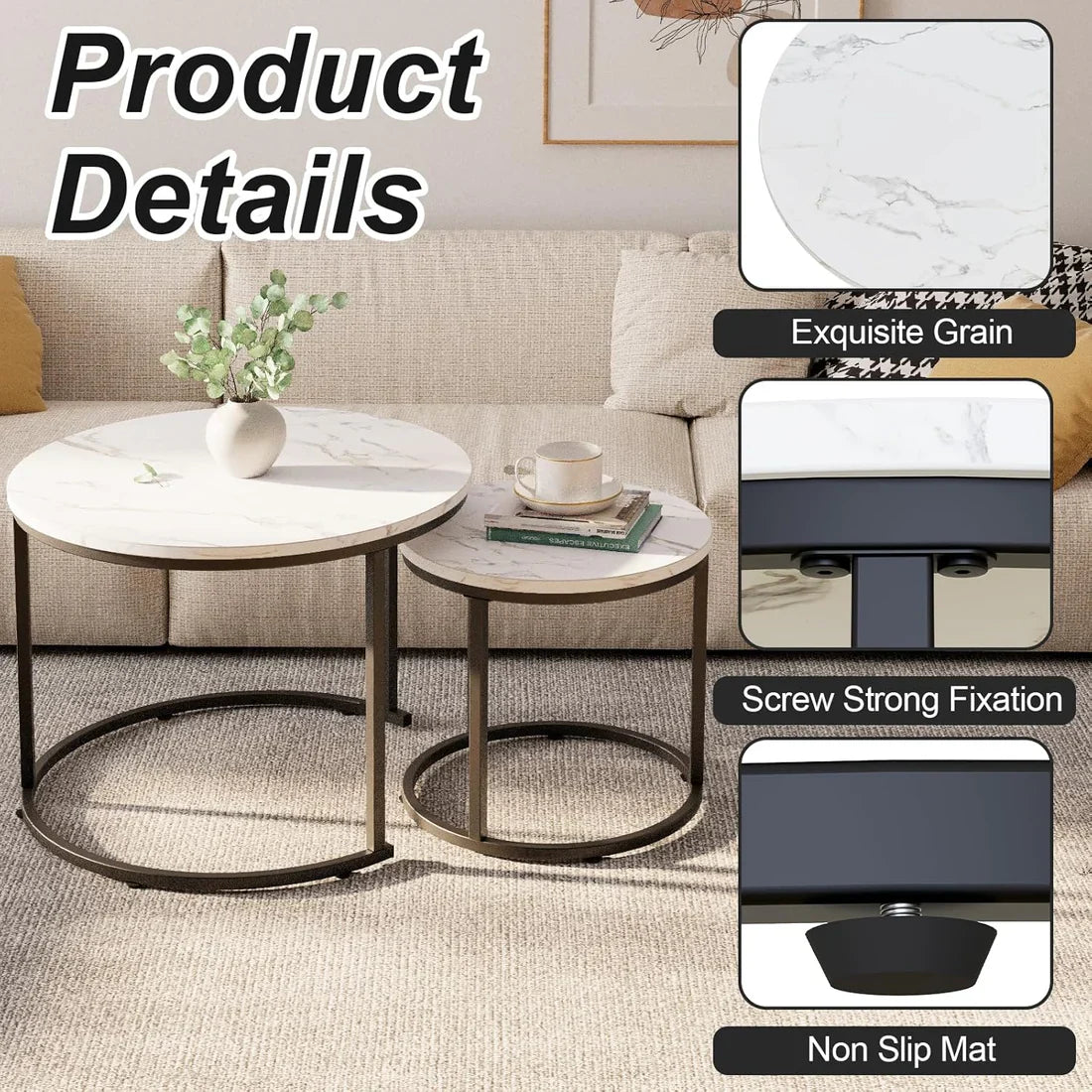 Round Shape Modern Marble Finish Wooden Top Designer  Table Set of 2