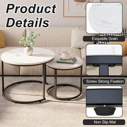Round Shape Modern Marble Finish Wooden Top Designer  Table Set of 2