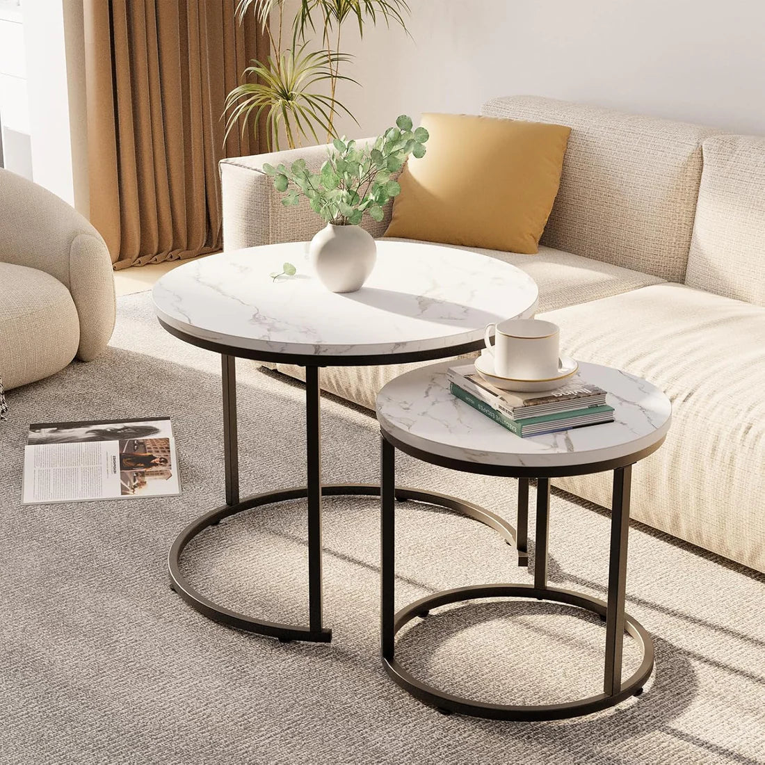 Round Shape Modern Marble Finish Wooden Top Designer  Table Set of 2