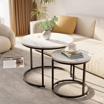 Round Shape Modern Marble Finish Wooden Top Designer  Table Set of 2
