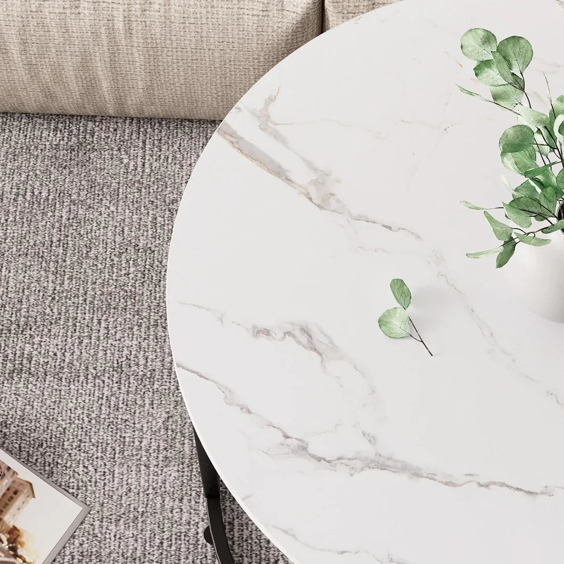 Round Shape Modern Marble Finish Wooden Top Designer  Table Set of 2