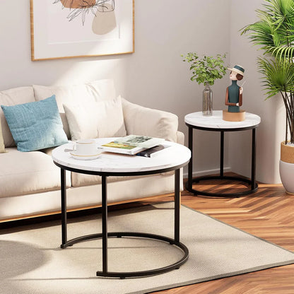 Round Shape Modern Marble Finish Wooden Top Designer  Table Set of 2