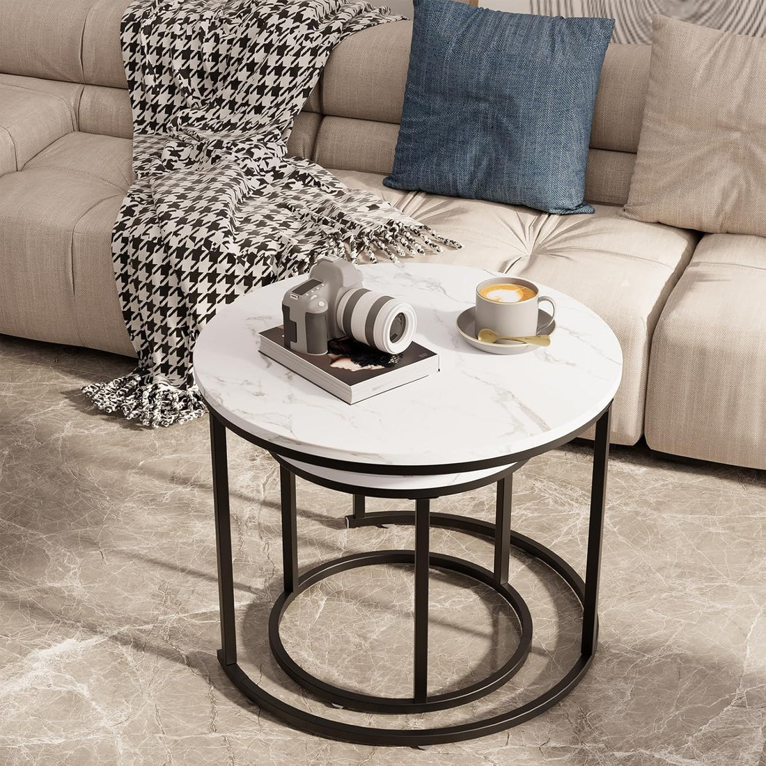 Round Shape Modern Marble Finish Wooden Top Designer  Table Set of 2