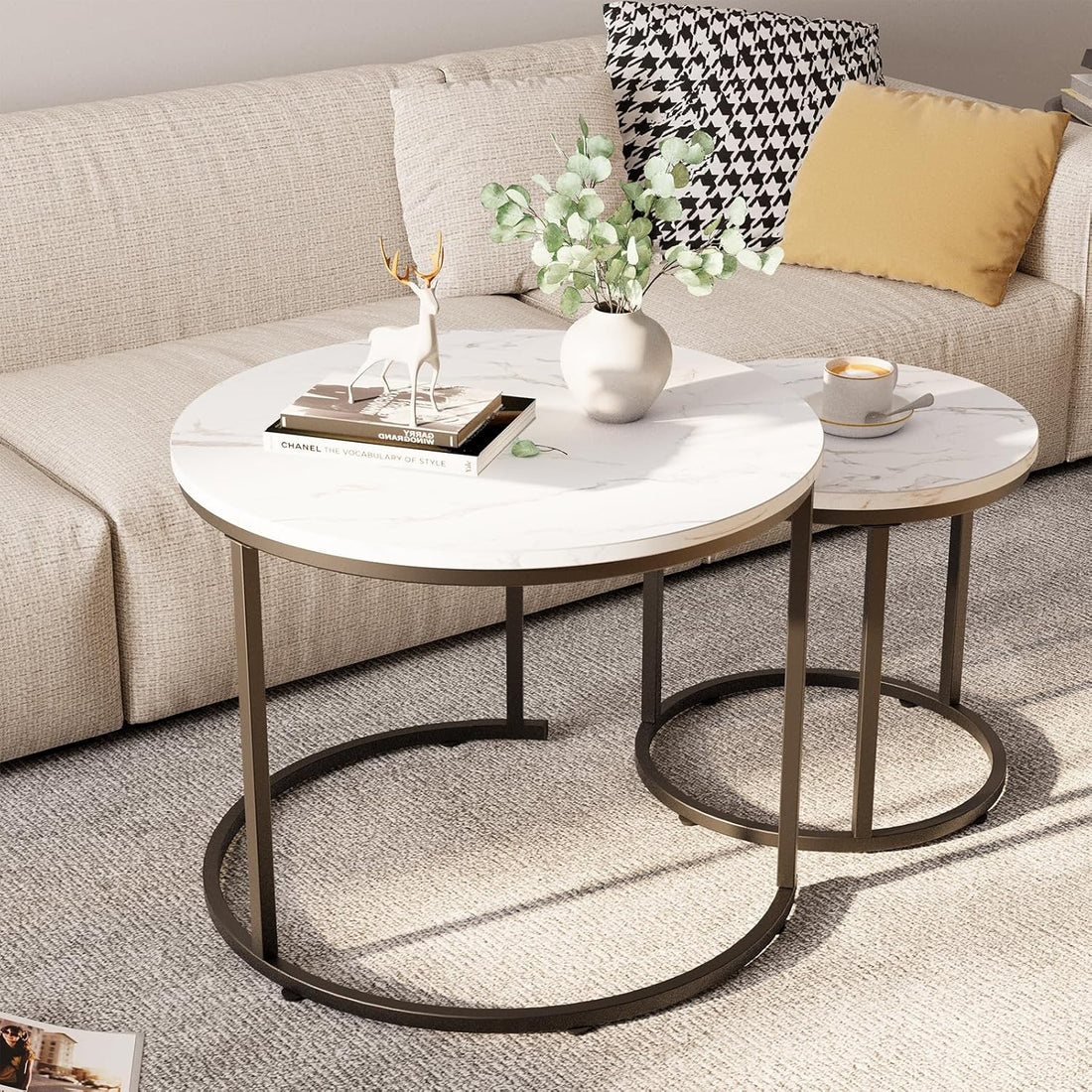 Round Shape Modern Marble Finish Wooden Top Designer  Table Set of 2
