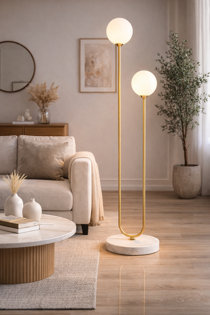 Modern Gold U-Shape Floor Lamp – Double Globe LED Standing Light