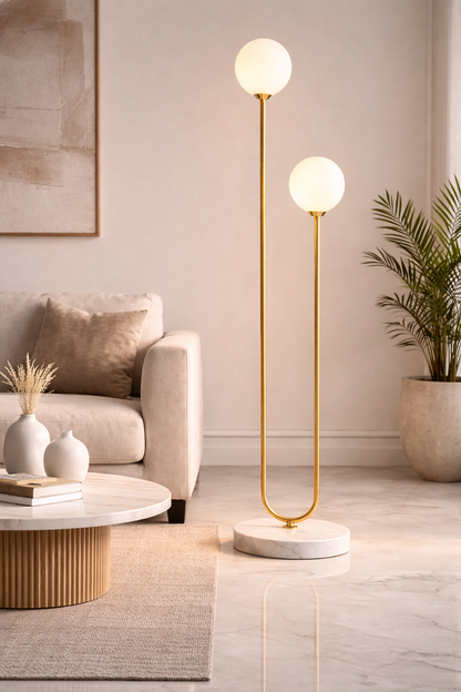 Modern Gold U-Shape Floor Lamp – Double Globe LED Standing Light