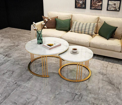 Classic Tethered Metallic Black Marble Finish Wooden Top Table Set of 2