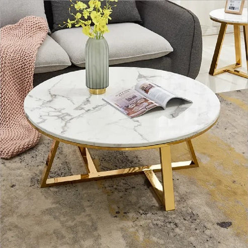Classic White Hamilton Marble finish wooden Top Round Coffee Table Set of 2