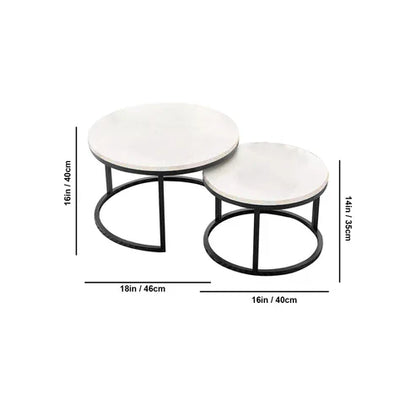 Classic White with Black Marble Finish Wooden Top Round Coffee Table Set of 2