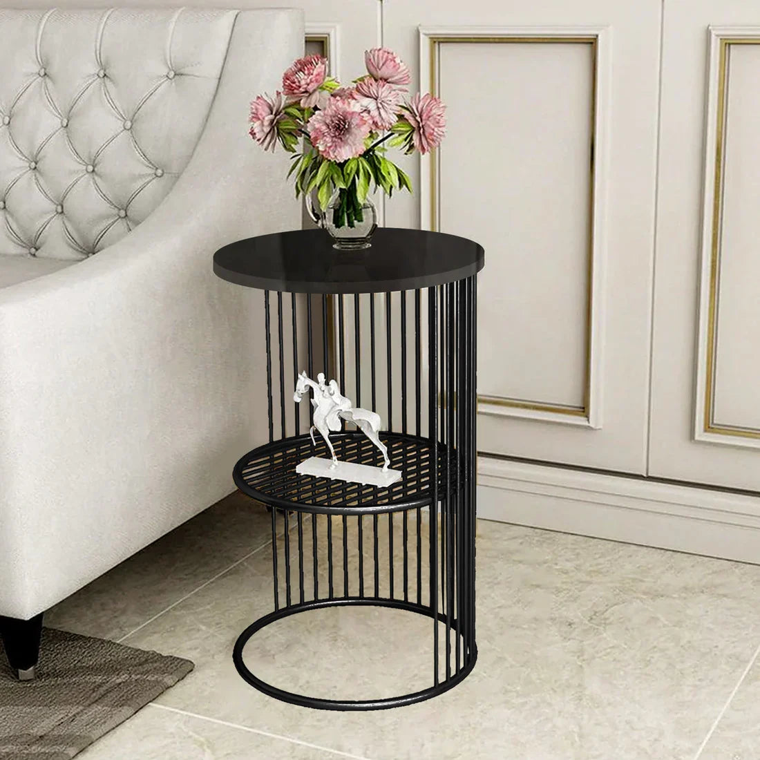 Designer Art Classic Black Marble Finish Wooden Top Finish Coffee Round Side Table