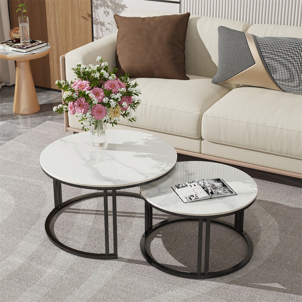 Black Nesting Marble Finish Wooden Top Tables Set Of 2