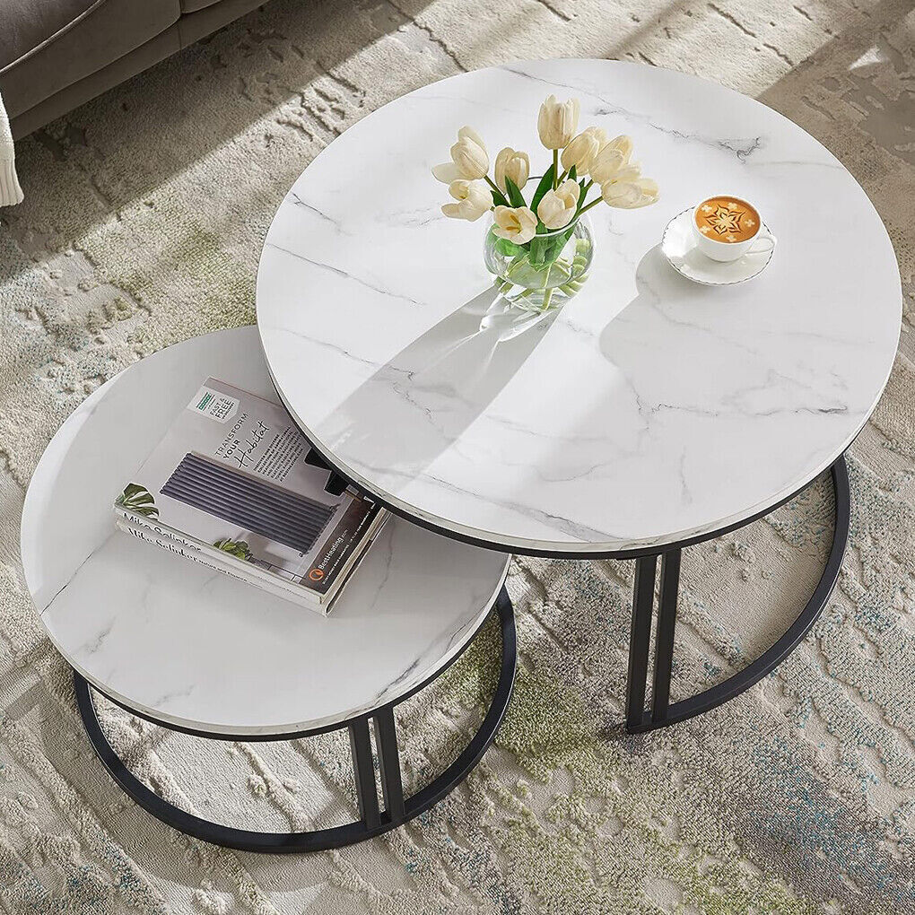 Black Nesting Marble Finish Wooden Top Tables Set Of 2