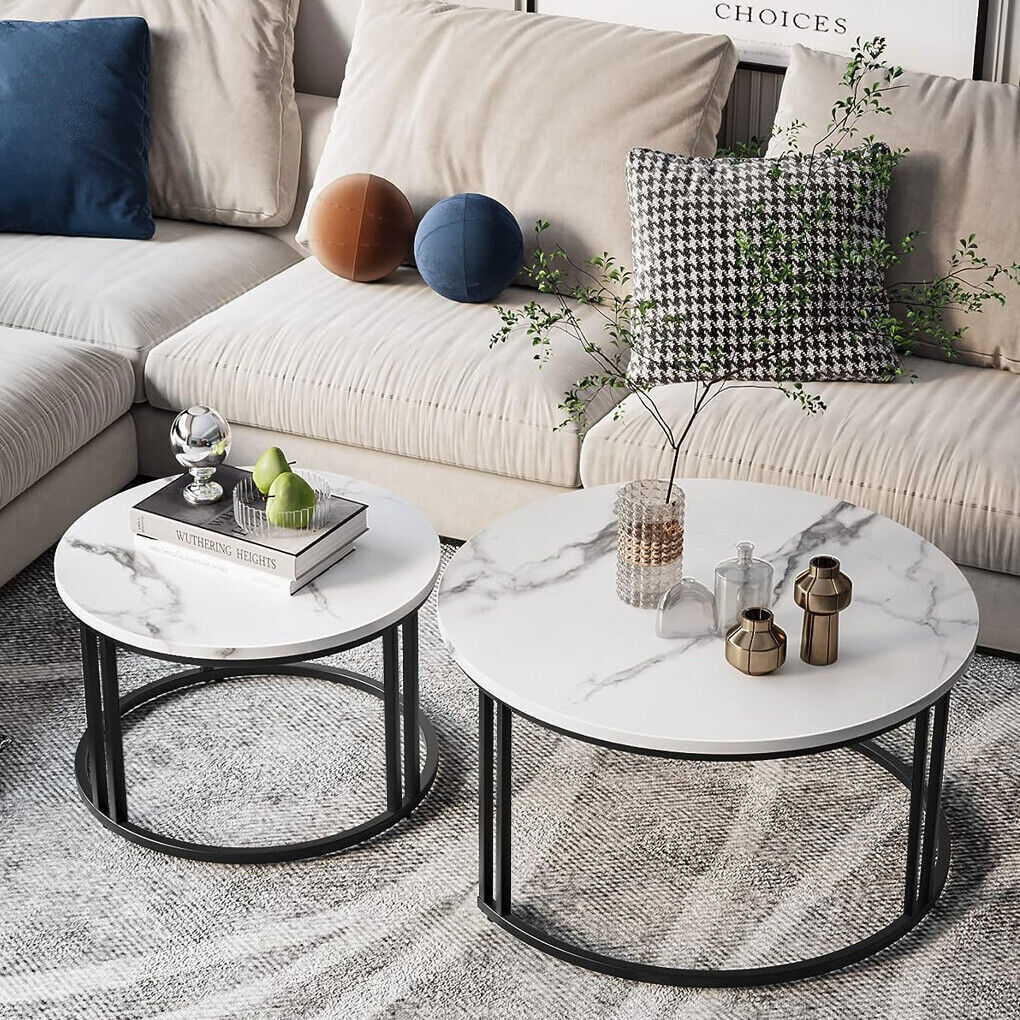 Black Nesting Marble Finish Wooden Top Tables Set Of 2