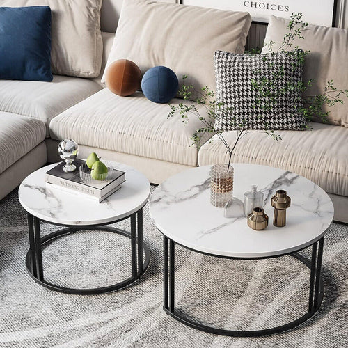 Black Nesting Marble Finish Wooden Top Tables Set Of 2