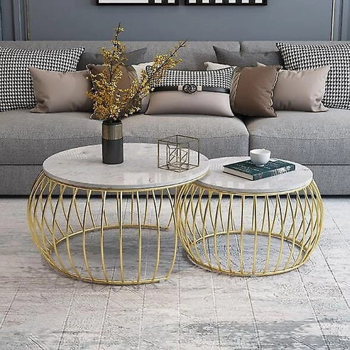 Rounded Metallic Marble Finish Wooden Top Nested Coffee Table Set of 2