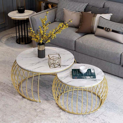Rounded Metallic Marble Finish Wooden Top Nested Coffee Table Set of 2