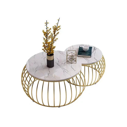 Rounded Metallic Marble Finish Wooden Top Nested Coffee Table Set of 2