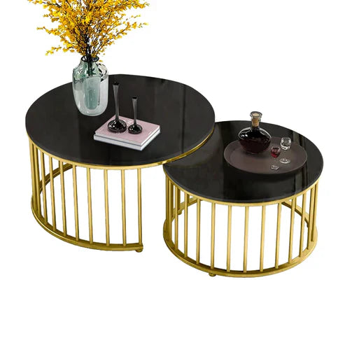 Premium Golden Caged with Black Marble finish Wooden Top Table Set of 2