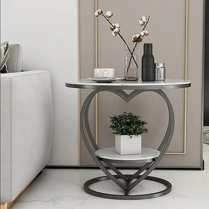 Anasay Premium Modern Heart Shaped Side Table with White Marble Finishing Wooden Top & Black Metal Frame