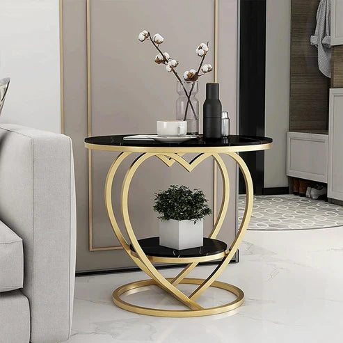 Anasay Premium Modern Heart Shaped Side Table with Black Marble Finishing Wooden Top & Golden Metal Frame