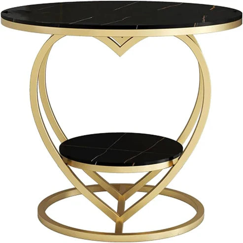 Anasay Premium Modern Heart Shaped Side Table with Black Marble Finishing Wooden Top & Golden Metal Frame