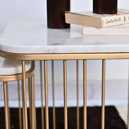 Square Tethered Metallic Marble Finish Wooden Top Table Set of 2