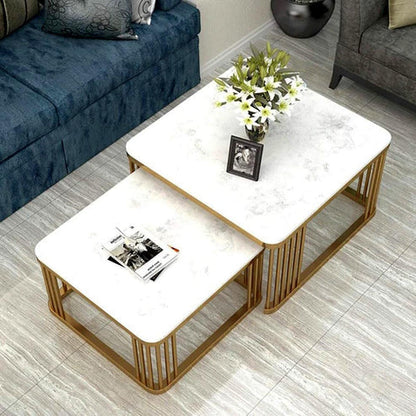 Square Tethered Metallic Marble Finish Wooden Top Table Set of 2