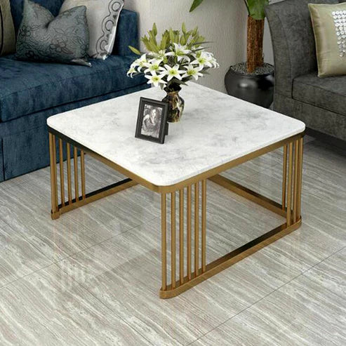 Square Tethered Metallic Marble Finish Wooden Top Table Set of 2