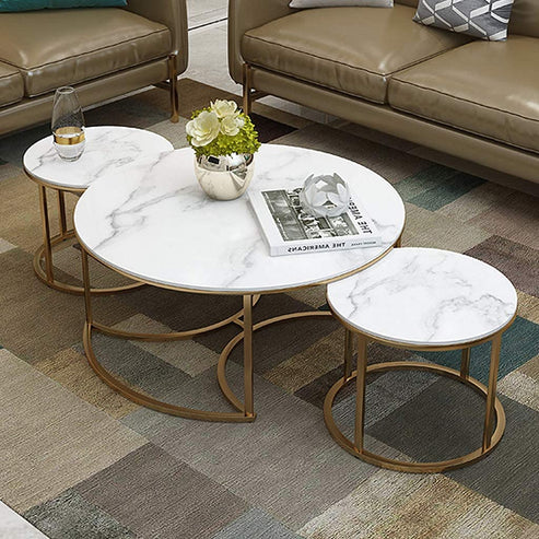 Golden Nesting White Marble Finish Wooden Top Tables Set of 3