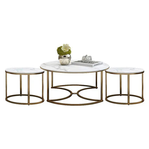 Golden Nesting White Marble Finish Wooden Top Tables Set of 3
